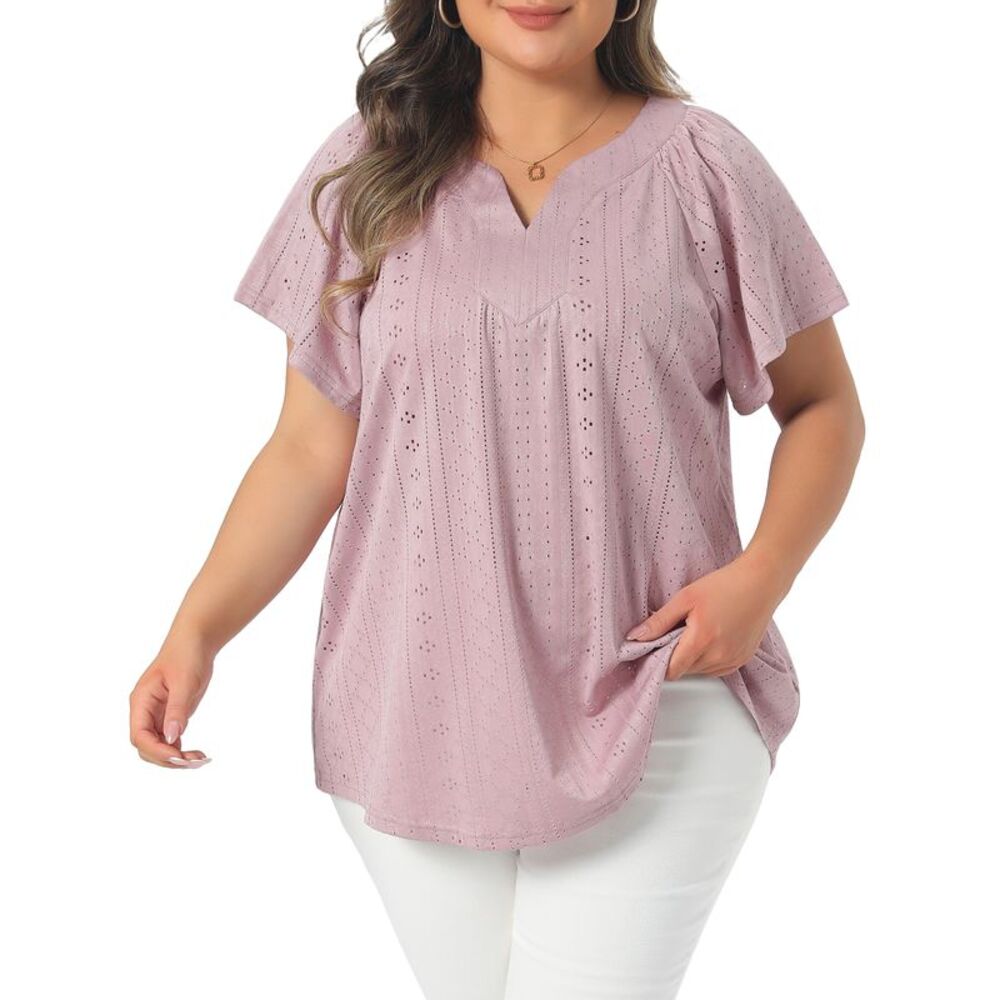Women Plus Size Casual V Neck Hollow Out Short Sleeve Blouse Pink